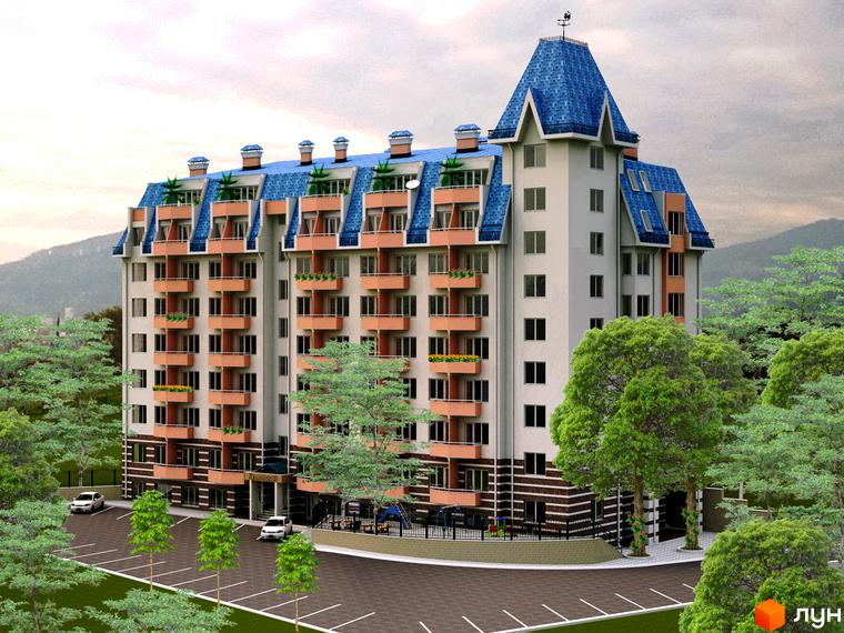 Житловий комплекс Будинок на Кузьмінській з фасадом у світлих тонах та дахом з блакитної черепиці. Прибудинкова територія з зеленими насадженнями та парковкою.