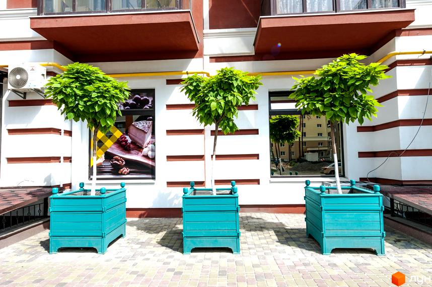 Житловий комплекс Версаль Парк: фасади будівель з коричневими елементами та зелені дерева в бірюзових кашпо. Прибудинкова територія з бруківкою.