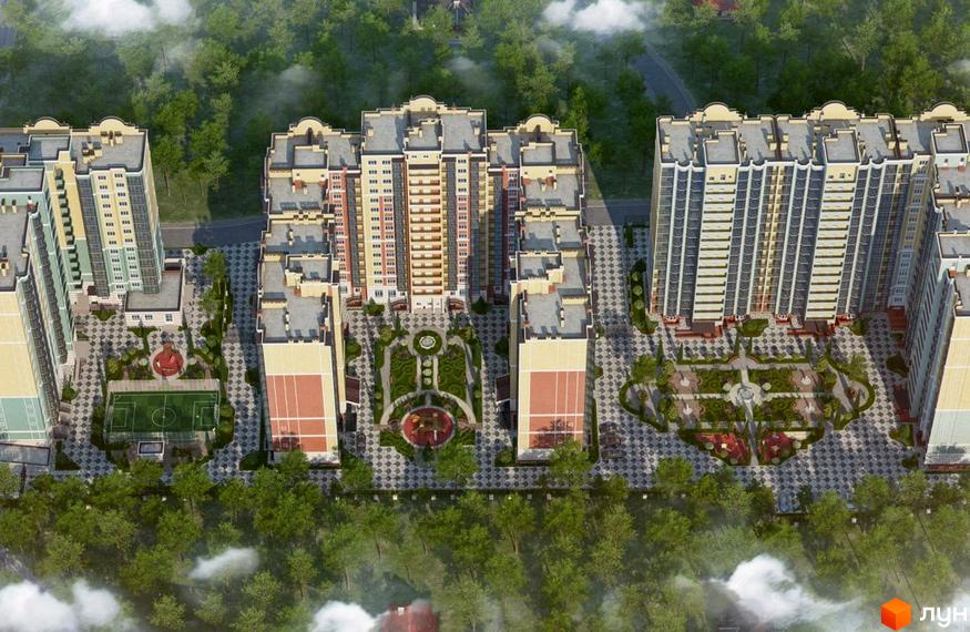 Житловий комплекс Версаль Парк: сучасні багатоповерхові будинки з просторими внутрішніми дворами, спортивними майданчиками та зонами відпочинку.