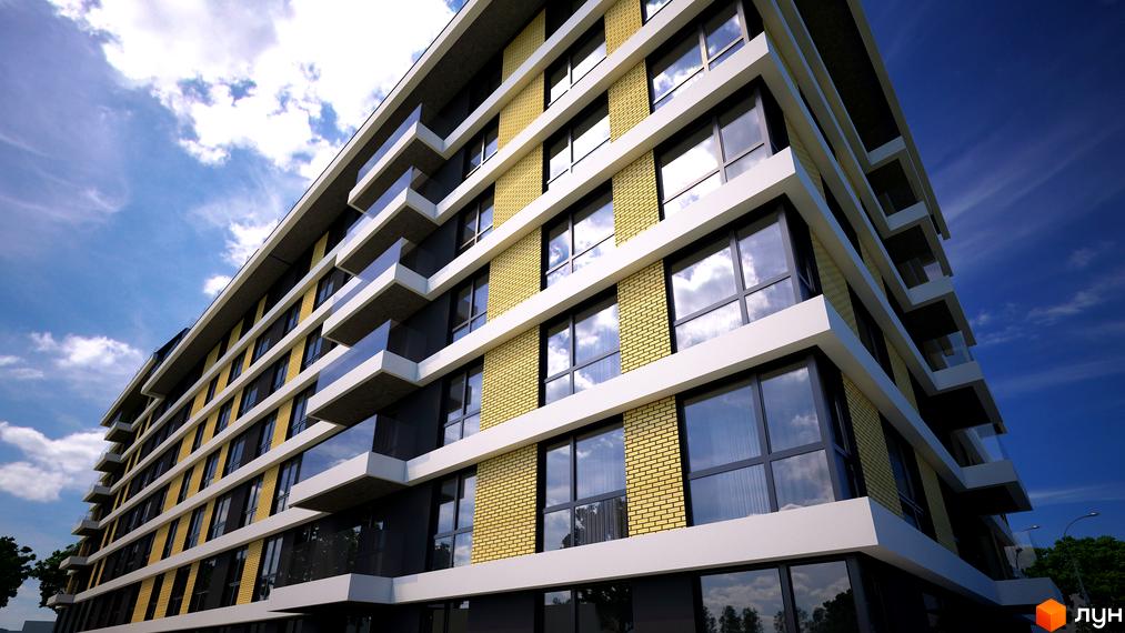 Житловий комплекс Garant City. Багатоповерховий будинок з панорамними вікнами та світлою цегляною обробкою фасаду. На балконах скляні огорожі. Небо з хмарами.