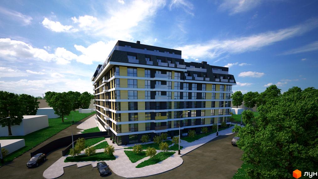 Зображення ЖК Garant City. Багатоповерховий будинок з жовтою цеглою та темними балконами. На прибудинковій території зелені насадження та парковка для автомобілів.