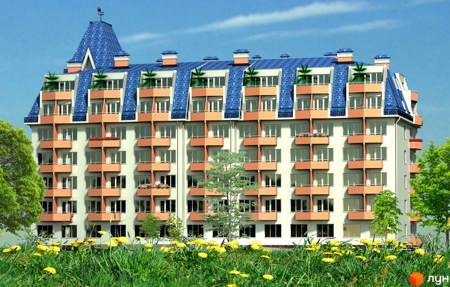 Житловий комплекс Будинок на Кузьмінській. Багатоквартирний будинок з балконами та синім дахом. На передньому плані зелена трава та жовті квіти.