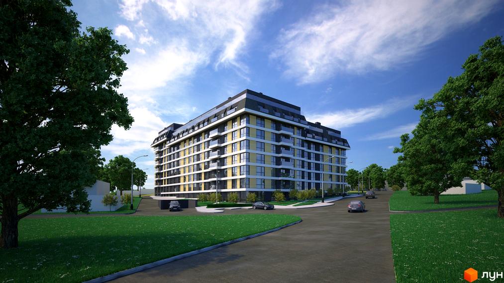 Житловий комплекс Garant City. Багатоповерховий будинок з великими вікнами та балконами. Навколо будинку зелена зона з деревами та газоном.
