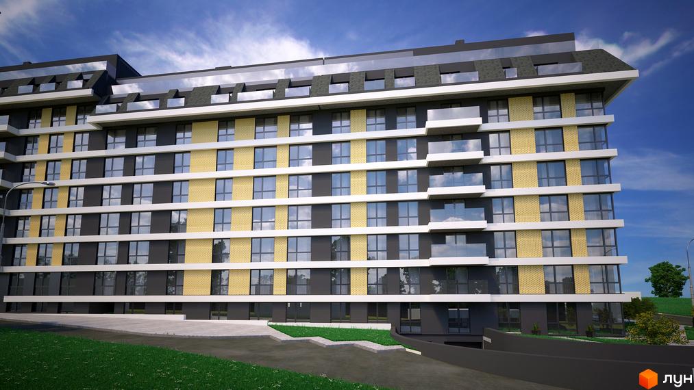 Багатоповерховий будинок Житлового комплексу Garant City з темно-сірим фасадом, жовтими цегляними вставками та скляними балконами. Навколо будинку зелені газони та пішохідні доріжки.