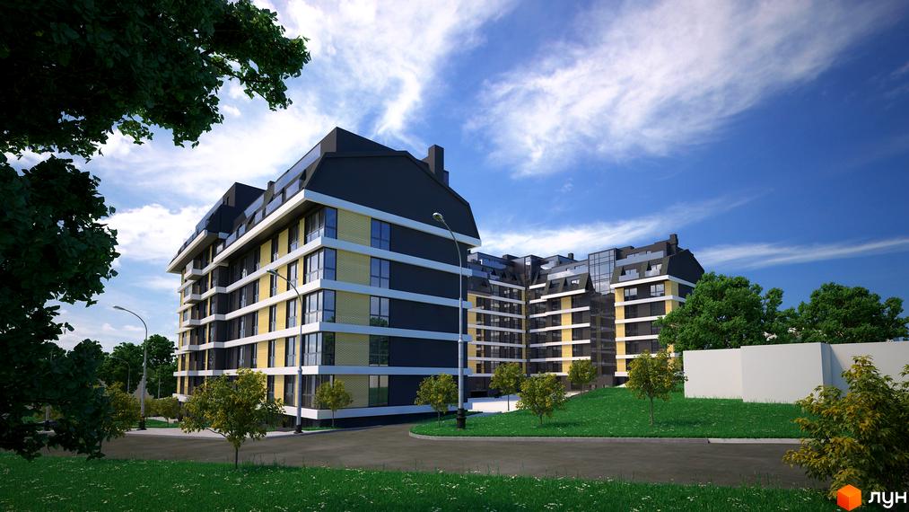 Житловий комплекс Garant City з фасадом у темних тонах. На території комплексу зелені насадження та доглянута прибудинкова територія.