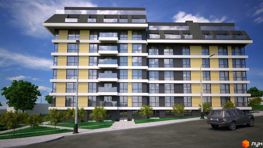 Фасад Житлового комплексу Garant City з темно-сірими панелями, світлою цеглою та великими вікнами. Перед будинком зелений газон, доріжки та припаркований автомобіль.