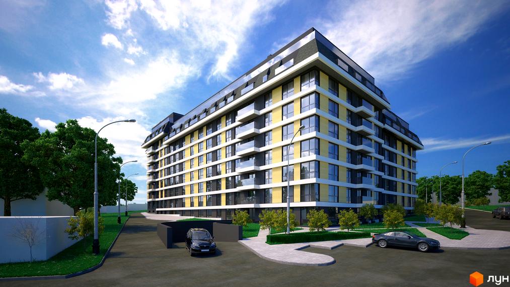 Багатоповерховий будинок Житлового комплексу Garant City з жовто-сірим фасадом та балконами. Прибудинкова територія облаштована зеленими насадженнями, доріжками та паркінгом.