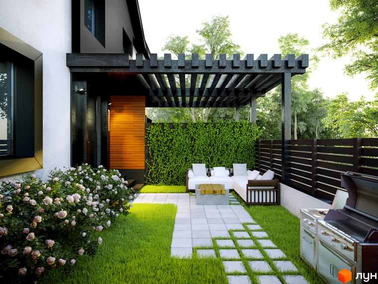 Зображення таунхаусів C'House з терасою та зоною відпочинку. Вигляд будинку з ландшафтним дизайном, зеленим газоном та декоративними рослинами.