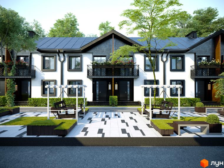 Зображення таунхаусів C'House. Двоповерхові будинки з балконами та чорними вікнами, перед будинками лавки-гойдалки та зелені насадження.