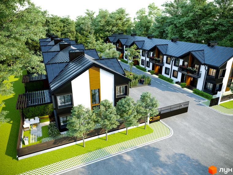 Зображення таунхаусів у Житловому комплексі C'House. Вигляд будинків з темними дахами та білими стінами, зелена прибудинкова територія.