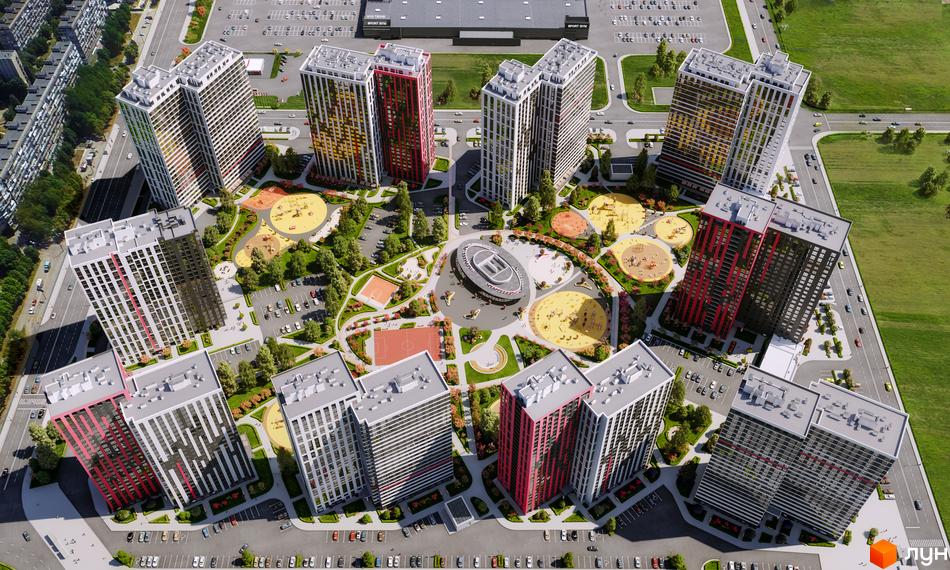 Житловий комплекс Варшавський Плюс. Аерофотозйомка новобудови з різнокольоровими фасадами та прибудинковою територією з дитячими майданчиками та спортивними зонами.