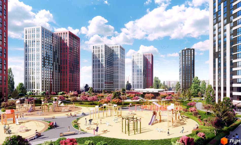 Житловий комплекс Варшавський Плюс. Багатоповерхові будинки з червоними та білими фасадами, дитячі майданчики та зелені зони.