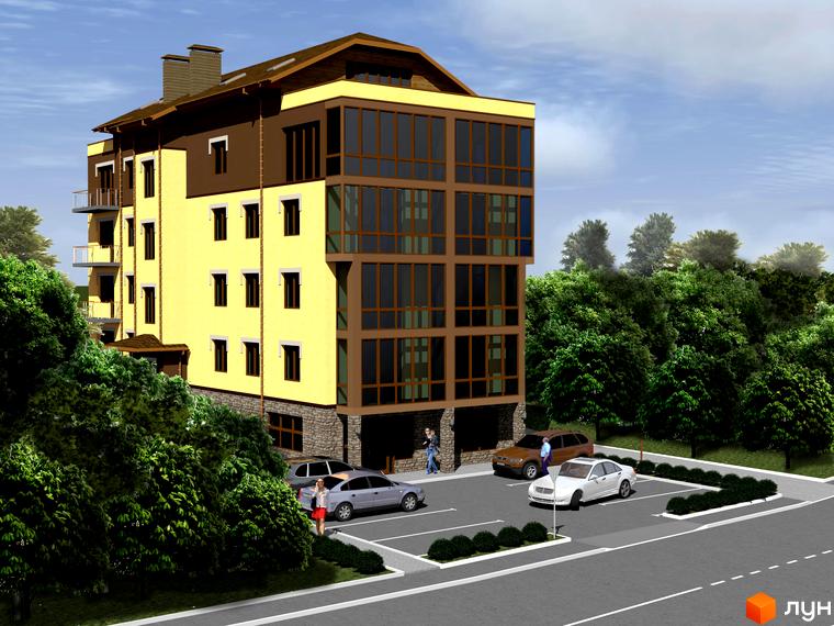 Житловий комплекс Княжий - це сучасна новобудова з жовтим фасадом та великими вікнами. На прибудинковій території розташовані паркувальні місця та зелені насадження.