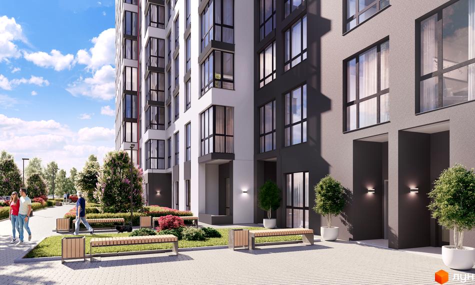 Зовнішній вигляд будинку ЖК Варшавський Плюс з білими та сірими фасадами, великими вікнами та прибудинковою територією з ландшафтним дизайном, лавками та деревами.