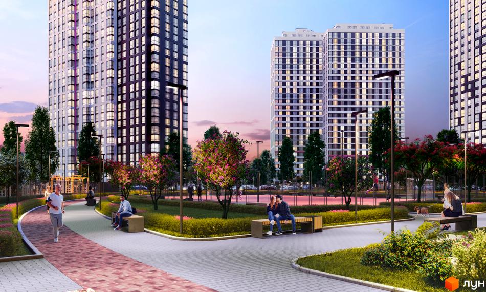 Житловий комплекс Варшавський Плюс: високі будинки з безліччю вікон та доглянута прибудинкова територія з алеями для прогулянок та зонами відпочинку.