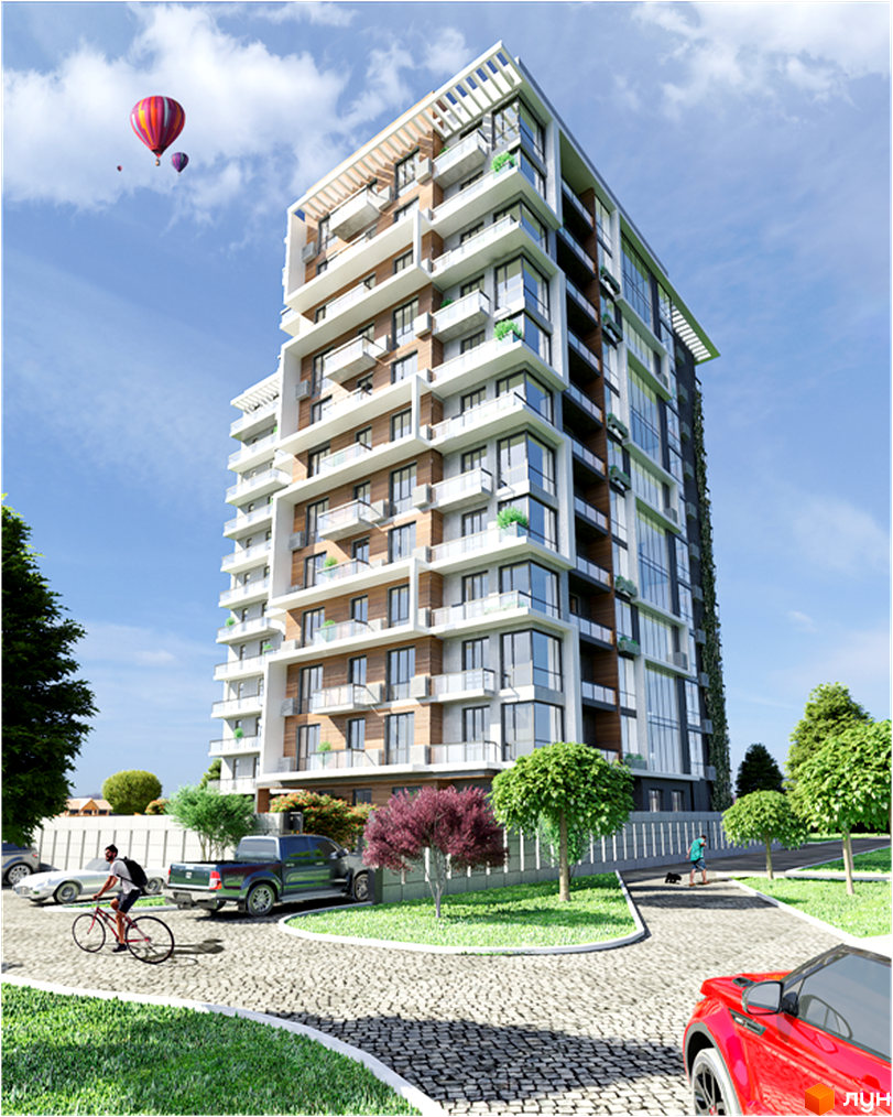 Зображення будинку Житлового комплексу Platinum Residence з великими вікнами та балконами. Навколо зелена територія з деревами та пішохідними доріжками.