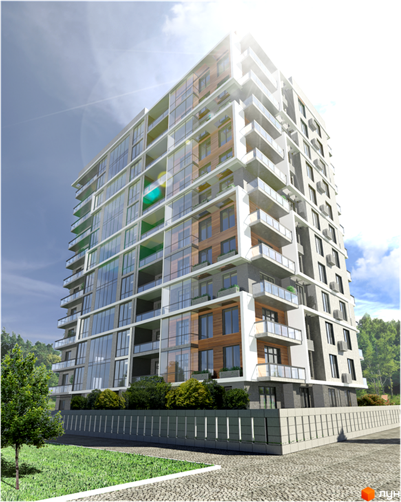 Зображення багатоповерхового будинку в Житловому комплексі Platinum Residence. Вигляд фасаду з великими вікнами та балконами, озеленена територія.