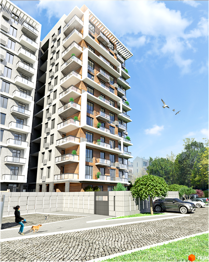 Багатоповерховий будинок Житловий комплекс Platinum Residence з балконами та дерев'яними елементами. Поруч бруківка, зелена трава та людина з собакою.