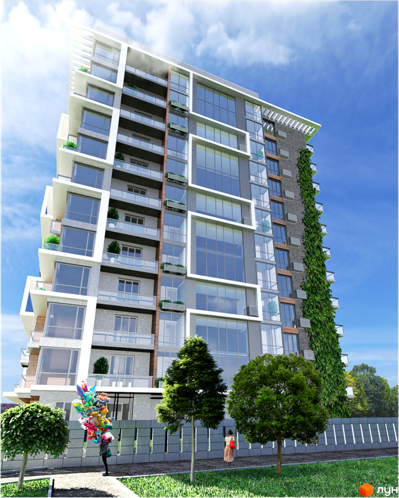 Житловий комплекс Platinum Residence: багатоповерховий будинок з біло-сірим фасадом, великими вікнами та вертикальним озелененням. Навколо зелені дерева.