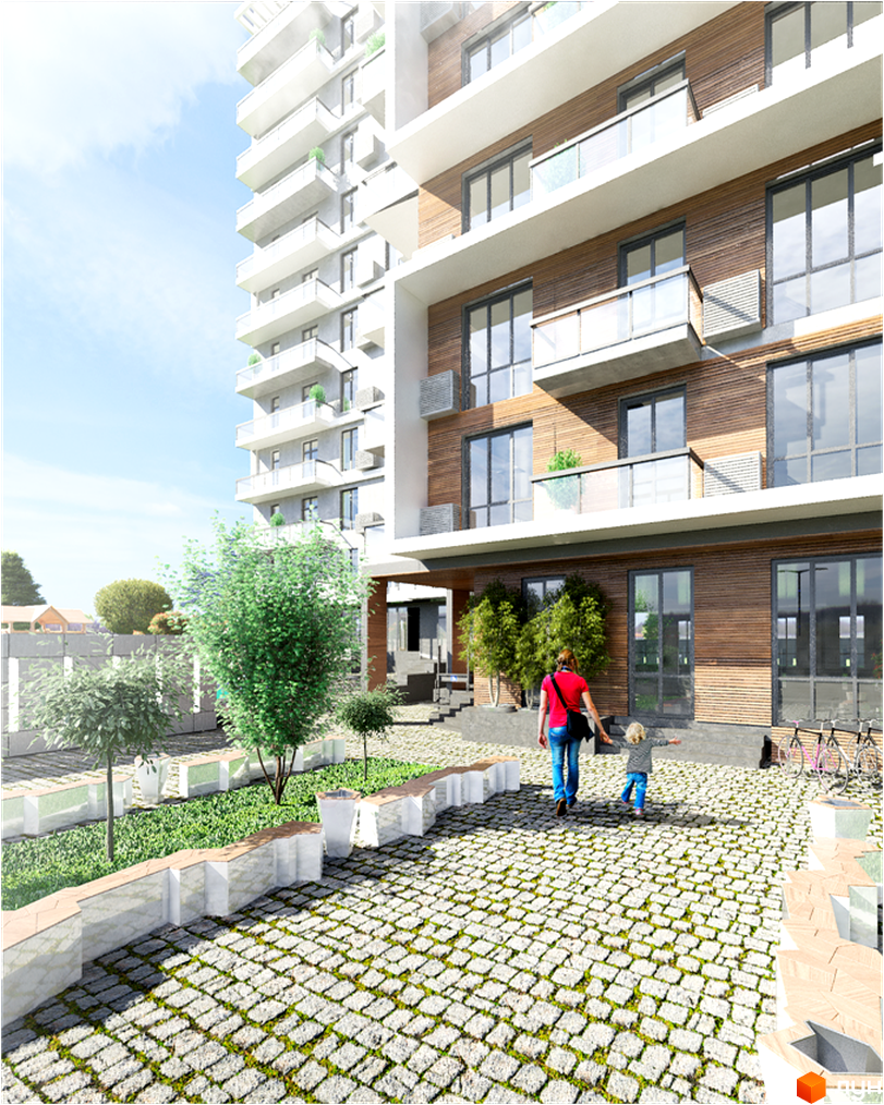 Зображення фасаду та подвір'я Житлового комплексу Platinum Residence. Вигляд новобудови з великими вікнами та озелененою територією.