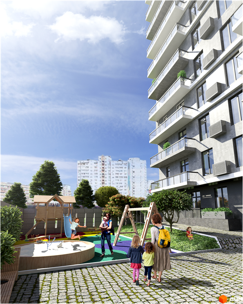 Зображення житлового комплексу Platinum Residence з дитячим майданчиком. Висотна будівля з балконами та ігровою зоною для дітей.