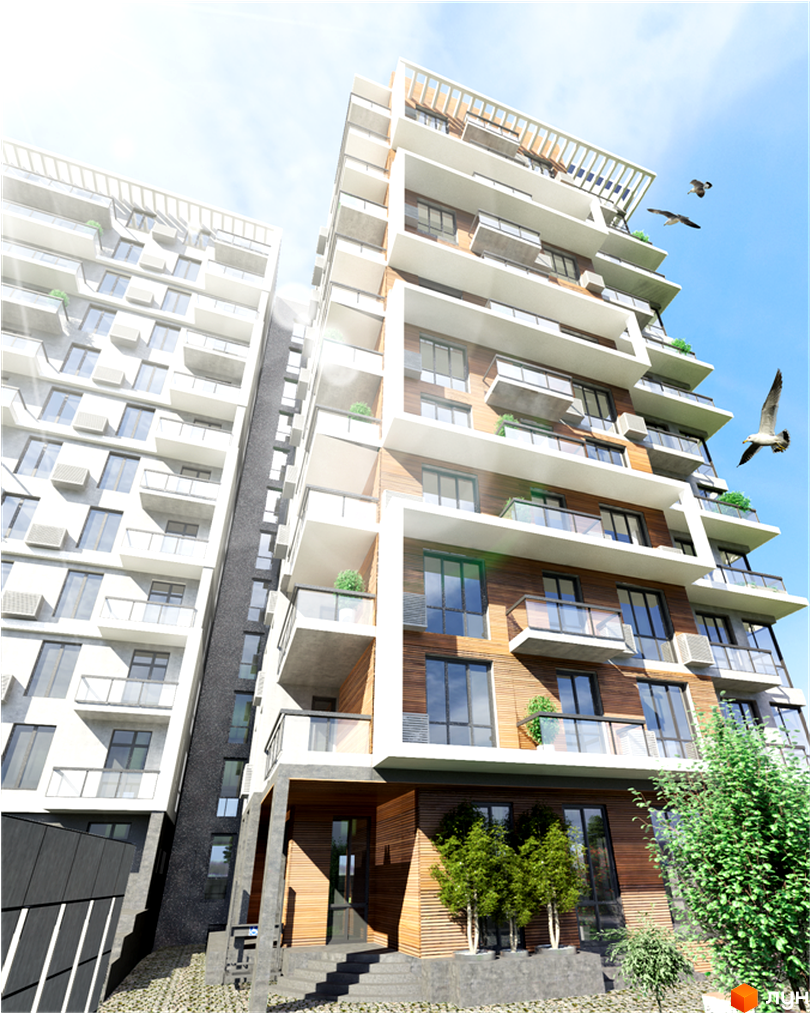 Житловий комплекс Platinum Residence: багатоповерховий будинок зі світлими балконами, дерев'яним оздобленням фасаду та прибудинковою зеленню.