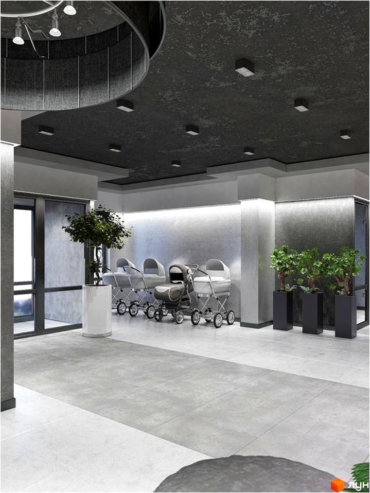 Інтер'єр холу Житлового комплексу Platinum Residence з колясками та рослинами. Світлий простір з сірими стінами та темною стелею.