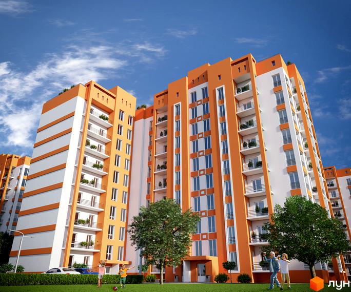 Зображення фасаду та прибудинкової території Житлового комплексу Оранж Парк. Багатоповерховий будинок з балконами та дитячим майданчиком.
