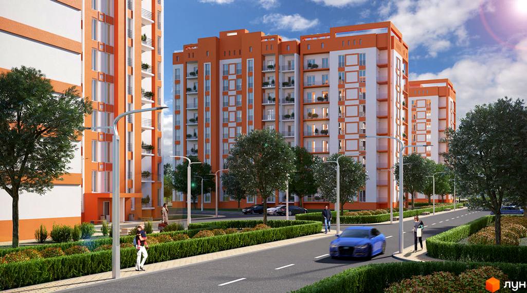 Зображення фасаду та прибудинкової території Житлового комплексу Orange Park. Вигляд багатоповерхового будинку з помаранчевими вставками та зеленими насадженнями.