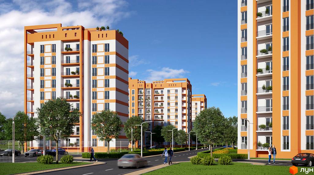 Зображення фасаду та прибудинкової території Житлового комплексу Оранж Парк. Вигляд багатоповерхового будинку з помаранчевими вставками та балконами.