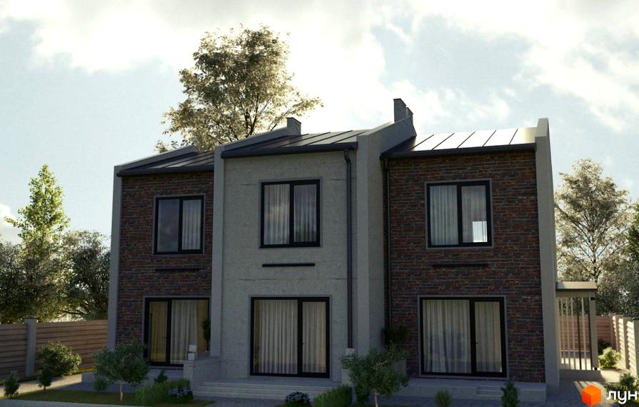 Котеджне містечко LightHouse: фасад будинку з темно-коричневої цегли та світлої штукатурки, вікна з темними рамами. Прибудинкова територія з деревами та огорожею.