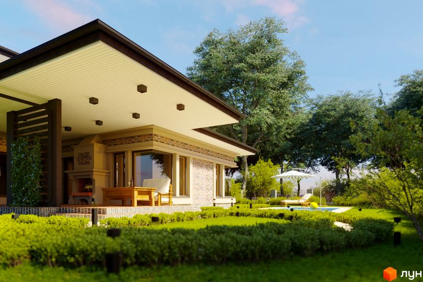 Котеджне містечко КМ Вітаград. Будинок з цегляним фасадом, великими вікнами та просторою терасою. На прибудинковій території - зелений газон, басейн з шезлонгами та парасолькою.