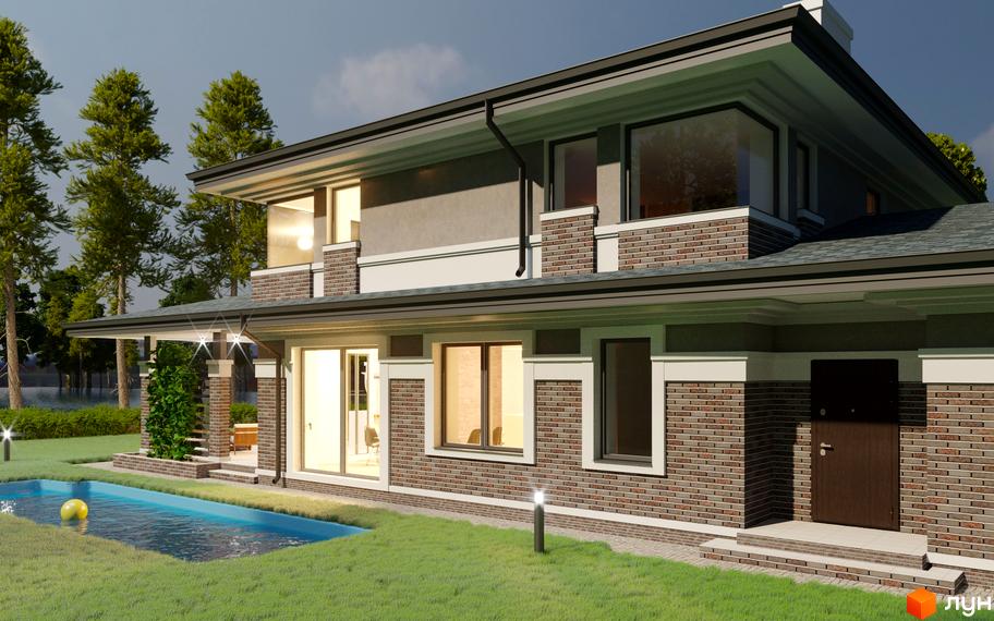 Котеджне містечко Вітаград: двоповерховий будинок з цегляним фасадом, великими вікнами та прибудинковою територією з басейном та зеленим газоном.