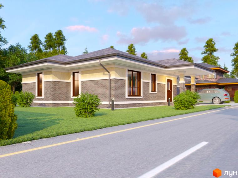 Котеджне містечко Вітаград: одноповерховий будинок з цегляним фасадом та сірим дахом, зелена галявина та дорога з розміткою.