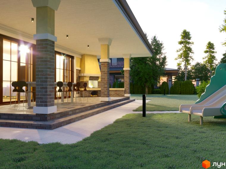 Котеджне містечко КМ Вітаград: затишна тераса з каміном та зоною відпочинку, зелений двір з дитячим майданчиком та гіркою.