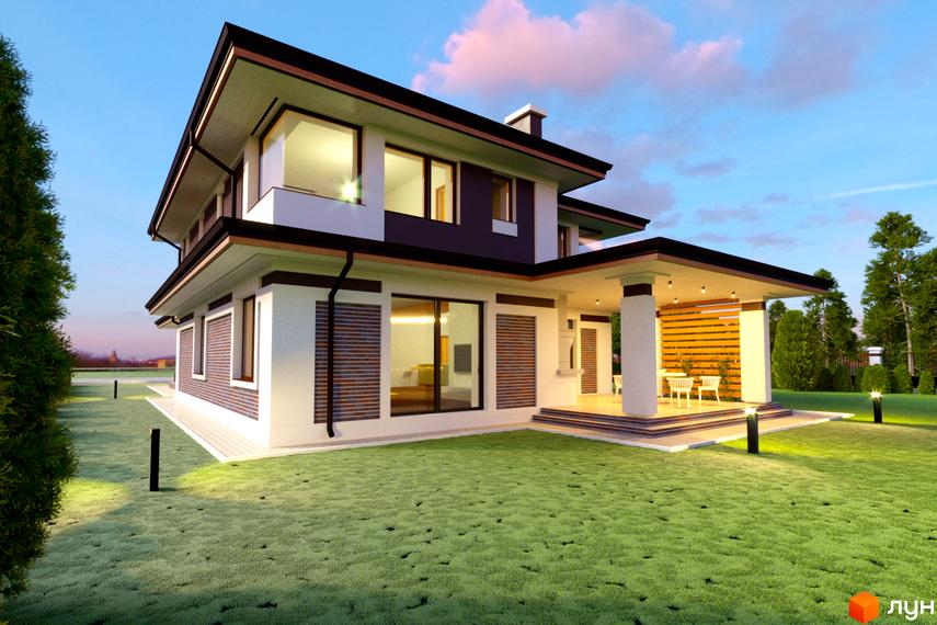 Котеджне містечко КМ Вітаград. Зовнішній вигляд двоповерхового будинку з великими вікнами та терасою, зелена галявина з освітленням.