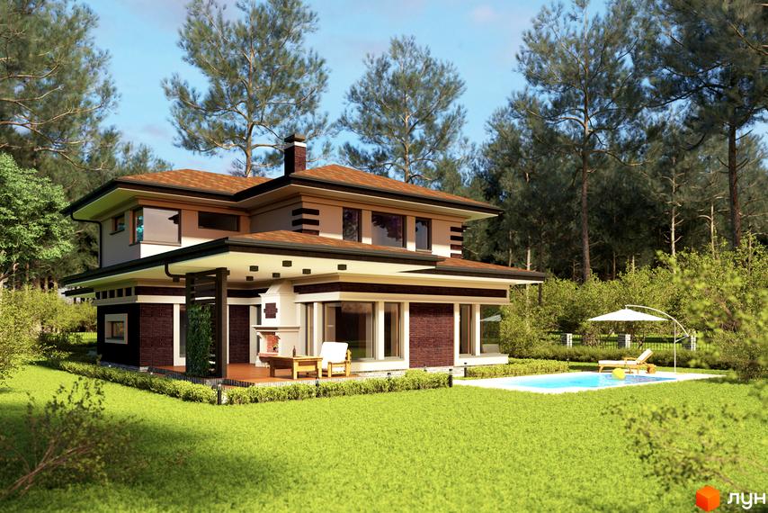 Котеджне містечко Вітаград: двоповерховий будинок з цегляним оздобленням та великими вікнами, басейном та зоною відпочинку на доглянутій зеленій ділянці.