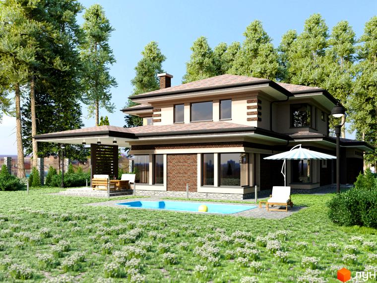 Котеджне містечко КМ Вітаград. Двоповерховий будинок з цегляним цоколем, великими вікнами, терасою та басейном на доглянутій зеленій ділянці з деревами.