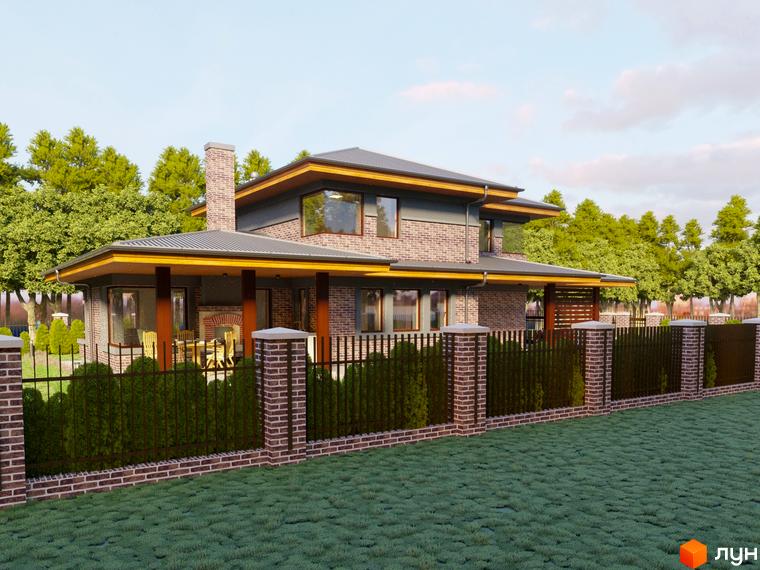 Котеджне містечко Вітаград: двоповерховий будинок з цегляним фасадом, великими вікнами та навісом над терасою. Огороджена територія з зеленими насадженнями та газоном.