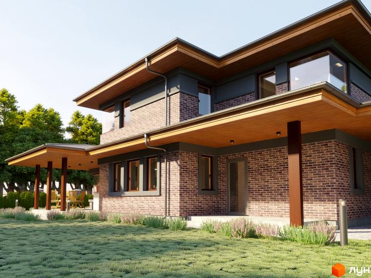 Котеджне містечко Вітаград: двоповерховий будинок з цегляним фасадом, великими вікнами та дерев'яними елементами. Прибудинкова територія з доглянутим газоном та зеленими насадженнями.