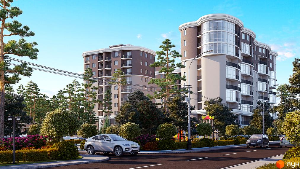 Зображення фасаду та прибудинкової території Житлового комплексу Atrium. Багатоповерховий будинок з великими вікнами, зелені насадження та автомобілі.