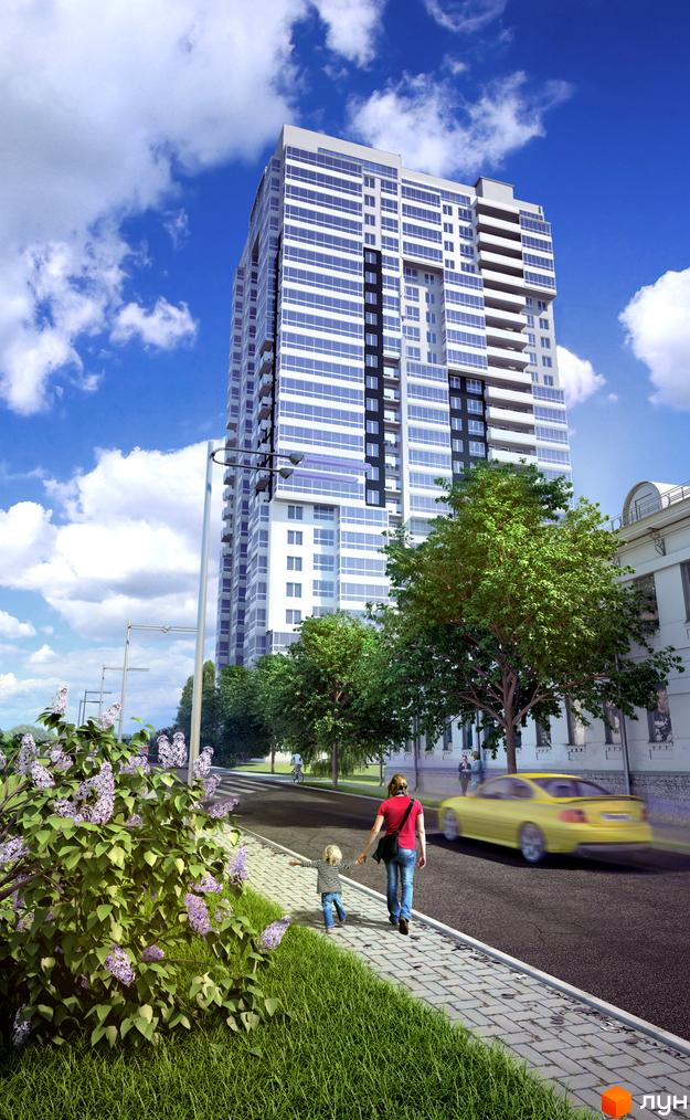 Новобудова ЖК Науковий – висотна будівля з панорамними вікнами та балконами на фоні блакитного неба з хмарами. Поруч – зелені дерева, доглянута прибудинкова територія з пішохідною доріжкою та автомобілем.