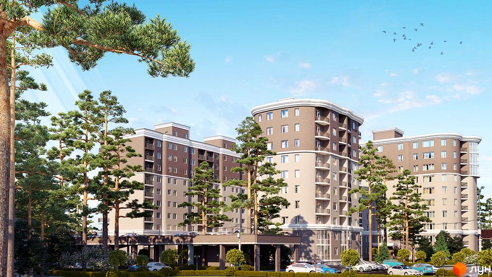 Зображення фасаду та прибудинкової території Житлового комплексу Atrium. Багатоповерховий будинок з великими деревами навколо.