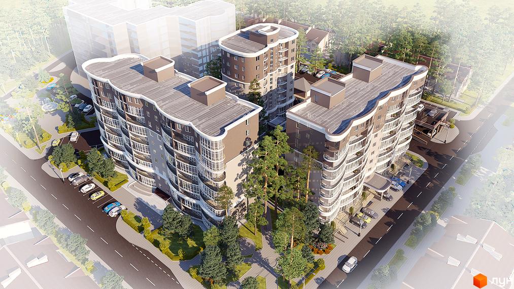 Зображення комплексу Атріум з висоти пташиного польоту. Багатоповерхові будинки з великими вікнами та балконами, зелені насадження навколо.