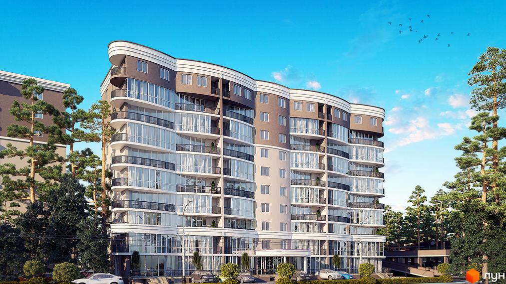 Зображення фасаду Житлового комплексу Атріум. Багатоповерхова будівля з великими вікнами та балконами, навколо дерева та припарковані автомобілі.