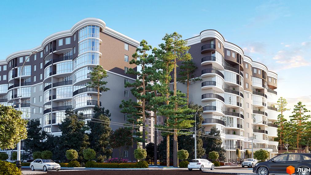 Житловий комплекс Атріум - сучасна архітектура з вигнутими фасадами та панорамними вікнами. Навколо будинку зелені насадження та доглянута прибудинкова територія.