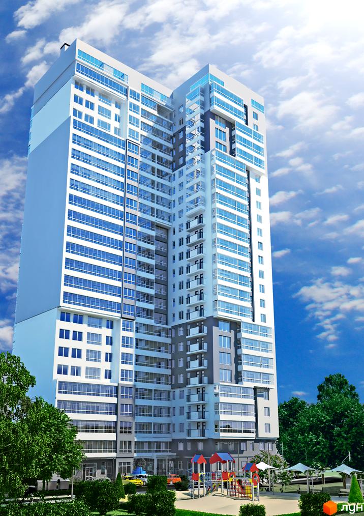 Житловий комплекс Науковий - висотна новобудова з панорамними вікнами та балконами. Поруч дитячий майданчик та зелена зона.