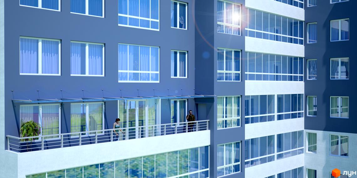 Зовнішній вигляд будинку ЖК Науковий з балконами та великими вікнами. На балконі видно людей та зелену рослину.