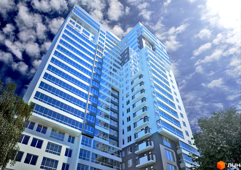 Зовнішній вигляд ЖК Науковий з блакитними вікнами та білим фасадом, що височіє на фоні хмарного неба. Фото новобудови.