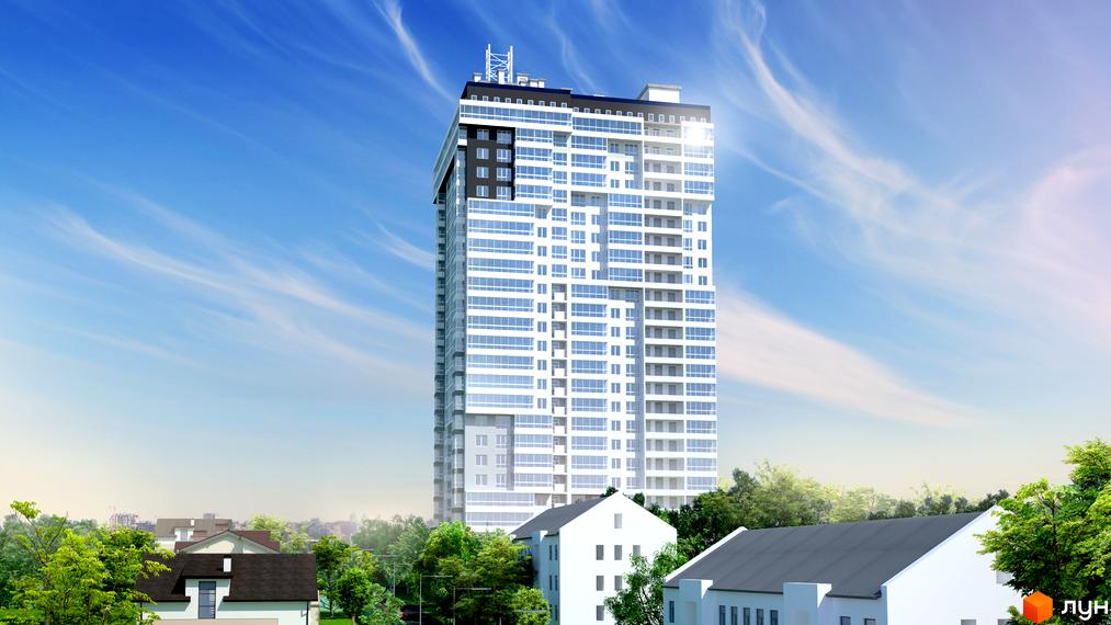 Зовнішній вигляд висотної новобудови ЖК Науковий з великою кількістю скляних фасадів та балконів. Навколо будівлі зелені дерева та кілька малоповерхових будинків.